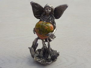 Pewter Standing Fairy Statue with Unakite Heart