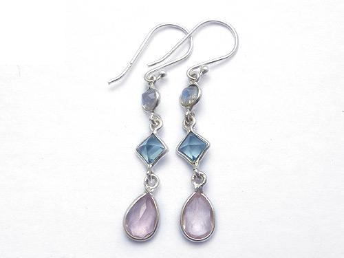 Rainbow Moonstone, Topaz & Rose Quartz  3 Stone Earrings